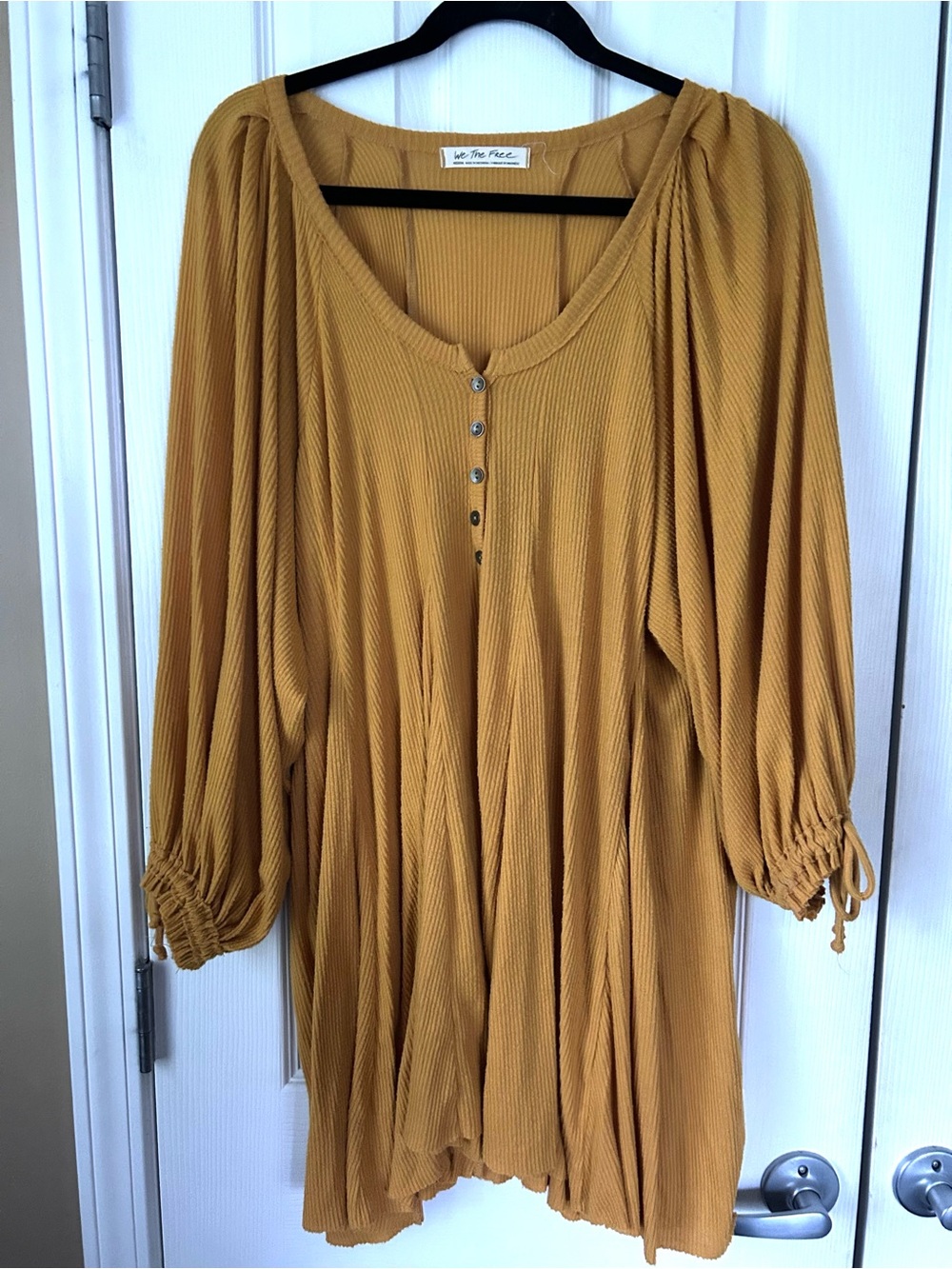 We The Free Mustard Ribbed Henley Tunic with Tie Cuffs
